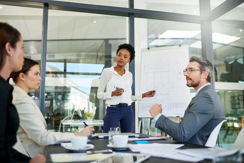 Business,Woman,,Presentation,And,Whiteboard,With,Team,For,Coaching,,Collaboration